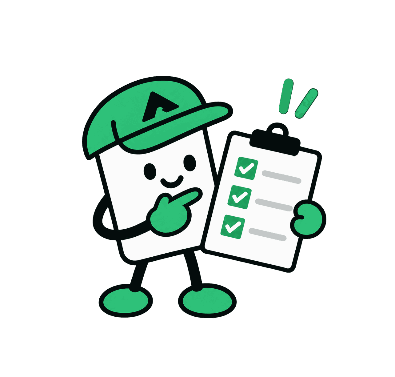 The Axgen mascot holds a clipboard with three ticked lines.