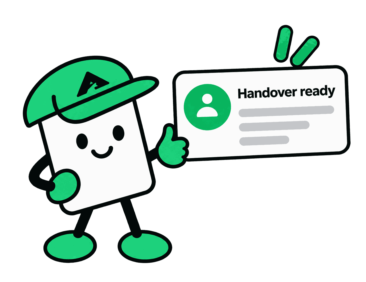 The Axgen mascot gives a thumbs up beside a lead card marked handover ready.